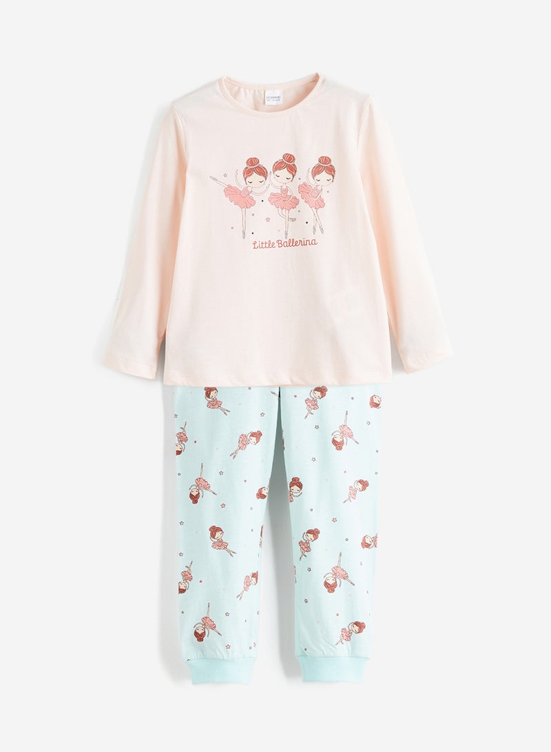 ال سي وايكيكي بيجاما بناتي مطبوعة برقبة دائرية - Image 1